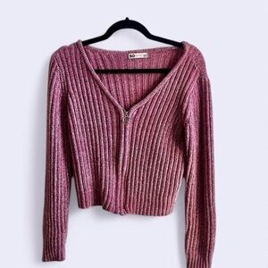 SO Pink Cardigan Sweater with Ribbed Knit V-Neck